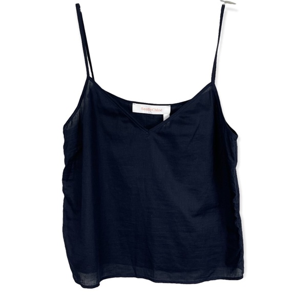 See By Chloe Cropped Spaghetti Strap Minimalist Basic Cami Tank Top Navy Blue - Picture 3 of 7